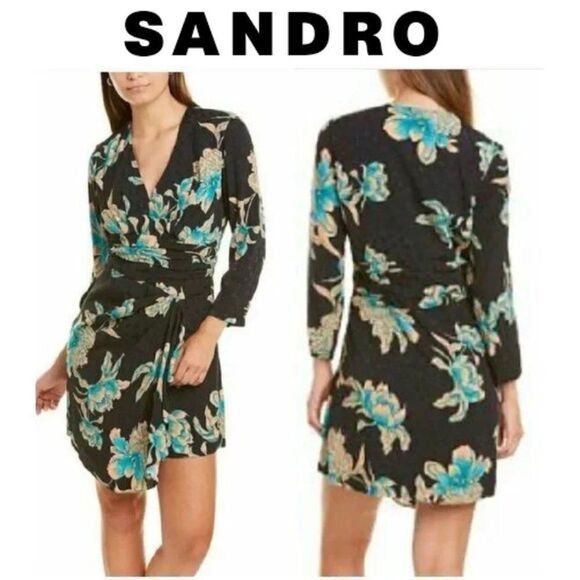 Sandro Woven Long SleeveV-Neck Floral Print Mini Dress sz 42 = to a XL…